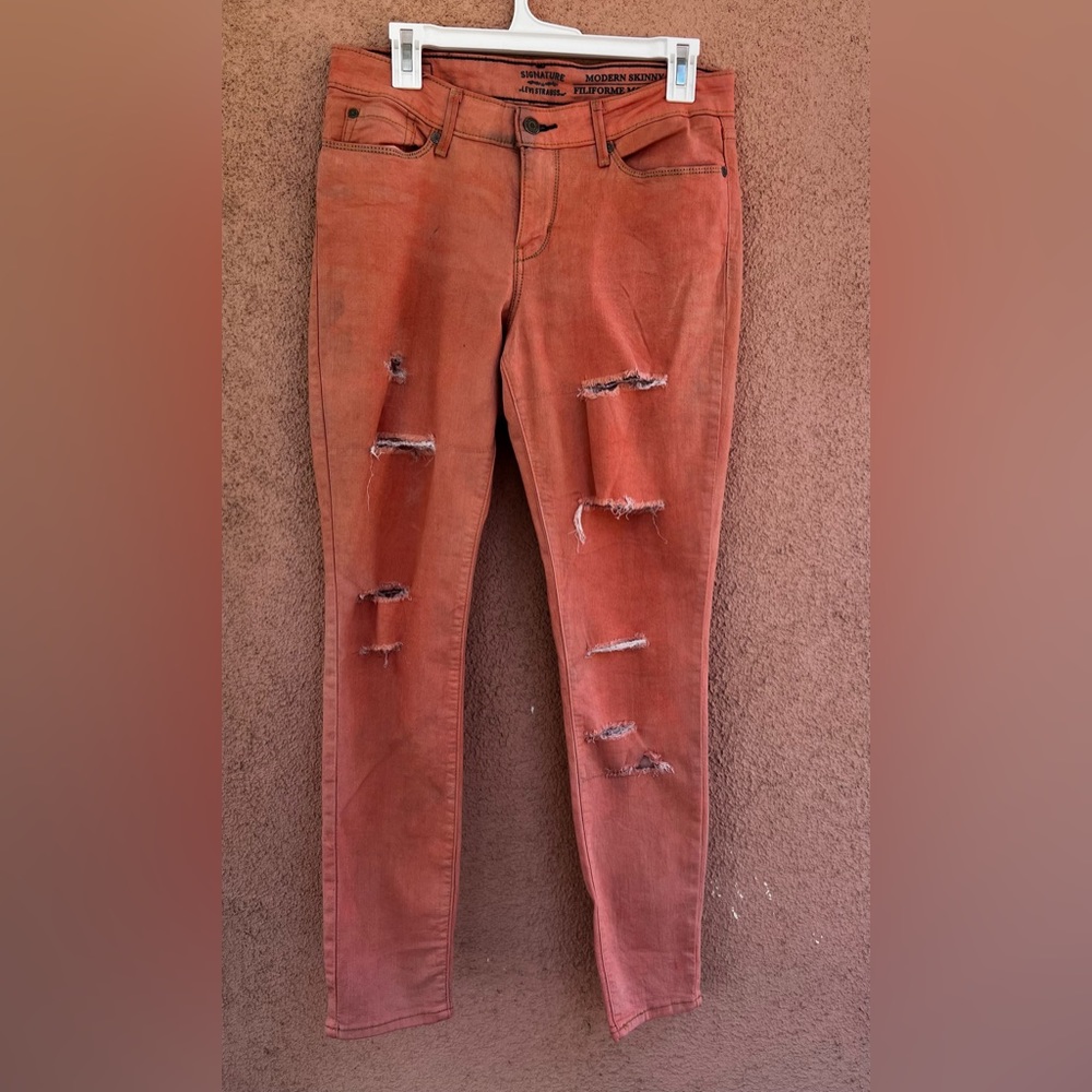 Levi's Signature Modern Skinny Jeans Size 29 x30 Orange Denim Distressed